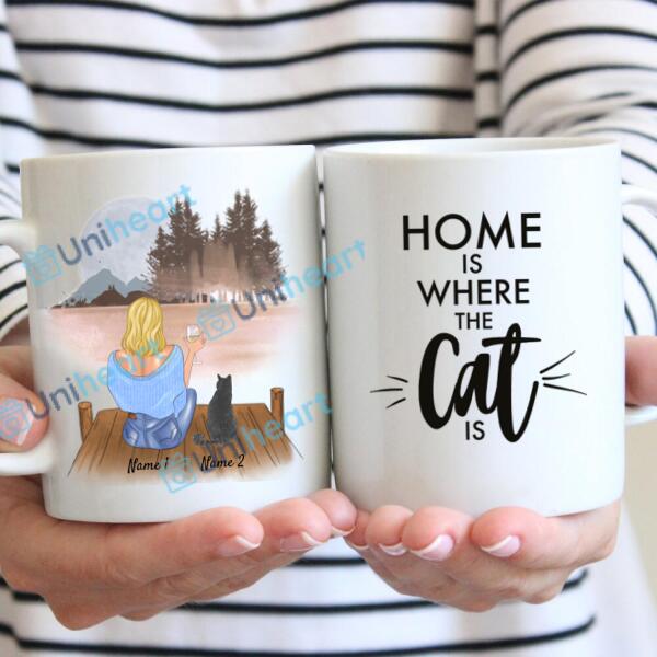 Woman with Cat & Drink - Personalized Mug (1-2 Cats)